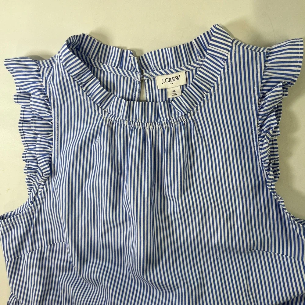 J Crew Tiered Midi Dress Womens 4 Blue White Striped Ruffle Sleeve Coastal Prep